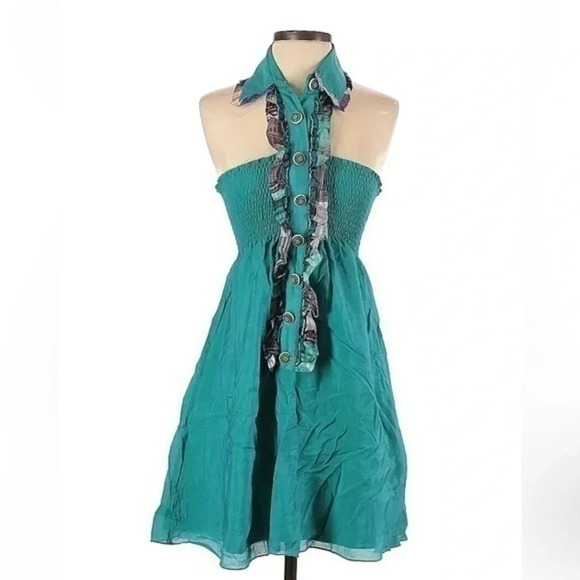 Meghan Los Angeles | Teal Sleeveless Button Down Ruffle Dress Size 2 - Picture 1 of 2